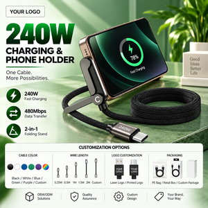 สายชาร์จเร็ว USB C to USB C 240W พร้อมขาตั้งโทรศัพท์แบบพับได้ สายถักแบบ T-Shaped สำหรับ iPhone Samsung, iPad และแท็บเล็ต - Product Image 4