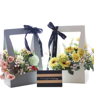 Low MOQ wholesale Custom Portable Foldable Flower Box Waterproof Paper Packing Bag Florist Fresh Flower Carrier Bag For Bouquets