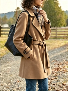 Elegant Notched Lapel Belted Midi Coat Contrast Piping Long Sleeve Slim Fit Fall Winter Women Outerwear Fashion Streetwear - Product Image 2