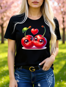 T-Shirt da Donna Cherry Love con Collo Tondo, Stampa Cuore Cartoon per San Valentino, Casual Sportiva a Maniche Corte in Jersey 100% Cotone - Product Image 2