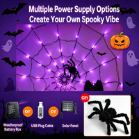 Guirlande lumineuse LED toile d'araignée pour Halloween, alimentation par piles/USB/solaire, étanche IP44, blanc chaud doux, pour maison hantée