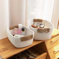 Poignées en cuir Panier de rangement en corde de coton tissé Panier de rangement divers pour la maison avec tissu