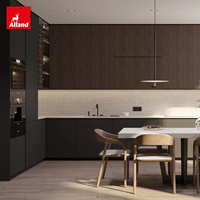 Portes de placard de cuisine AllandCabinet à panneaux cannelés pour un design minimaliste moderne avec porte en verre vitré et éclairage sous le placard