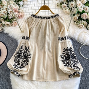 Chemisier <span class=keywords><strong>Femme</strong></span> Brodé <span class=keywords><strong>Style</strong></span> <span class=keywords><strong>Bohème</strong></span> Col Rond Manches Lanterne à Lacets – Nouvelle Collection Automne - Product Image 4