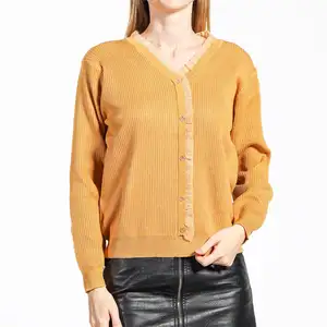 BSCI Clothing Brand Manufacture Women's Yellow Lace Button-Embellished V-Neck Sweater Knitted Casual Style for Autumn Season OEM
