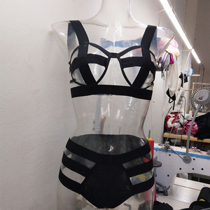 Plus tamaño negro 2 piezas conjunto medianoche seducción adulto mujer negro de tiras de la cuerda Lencería - Product Image 3