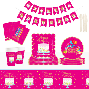 DAMAI Hot Pink Happy Birthday Party Theme Table Decorations Kit Disposable <b>Paper</b> Plates Banner Napkin Party Tableware Set - Product Image 1
