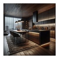 Nouveau design personnalisé îlot de coin incurvé placage de bois panneau cannelé noir armoires de cuisine pour villa