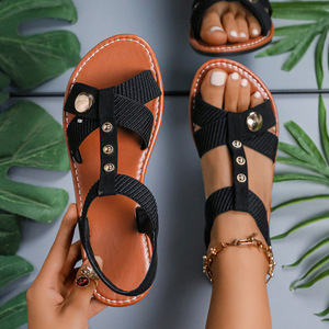 Women Cross <b>Elastic</b> Strap Flat <b>Sandals</b> Open Toe Metal Decor Adjustable Summer Beach <b>Sandals</b> Plus Size - Product Image 1