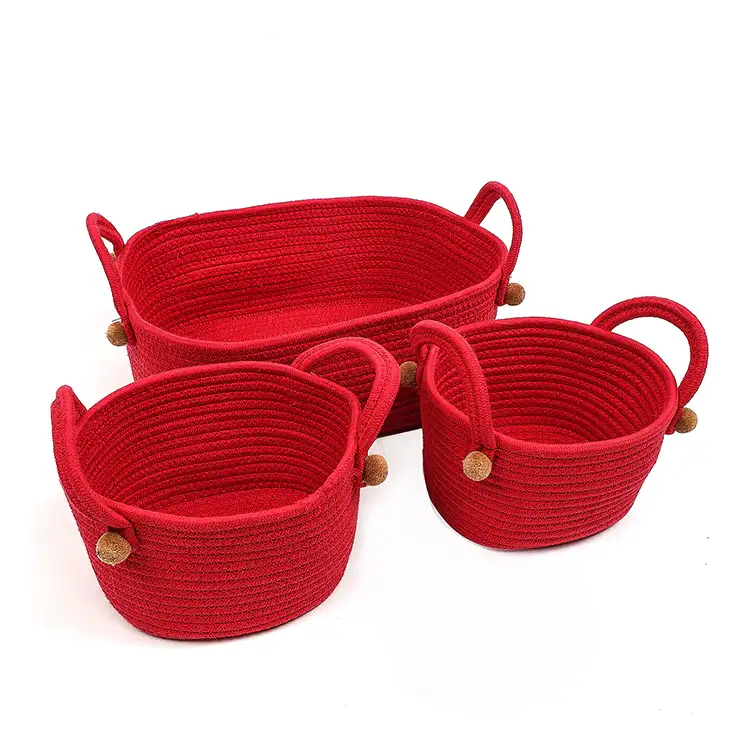 3pcs Set Multi-colour Round Woven Organizer Pompoms Cotton Red Storage Basket for Christmas Gift