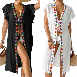Wholesale Women's <strong>Bikini</strong> Cover up Crochet Lace <strong>Trim</strong> Ruffle Sleeve Tie Front Beach Cardigan Kimono - Product Image 1