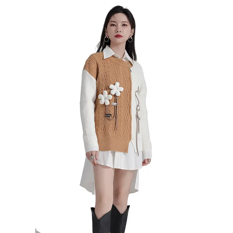 Üç boyutlu çiçek ağır tasarım ve örme üst ile kadın yumuşak ve yapışkan süt tarzı hırka fermuar kazak