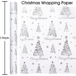 <b>White</b> Christmas Wrapping Paper Roll 17in x 32.8ft Silver Foil Embossed Trees And Letters Gift <b>Wrap</b> For Holiday Celebration - Product Image 2
