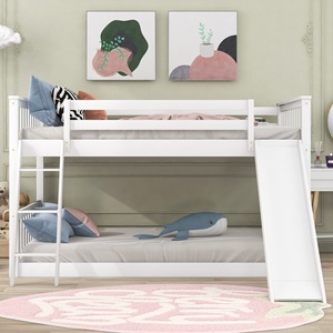 White Wooden Bunk <b>Bed</b> <b>With</b> <b>Slide</b> And Ladder For Children Bedroom Furniture - Product Image 2