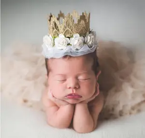 Лидер продаж Amazon, модный дизайн, кружевная детская Золотая кружевная корона с розами, повязка на голову на 1-й день рождения, тиара принцессы