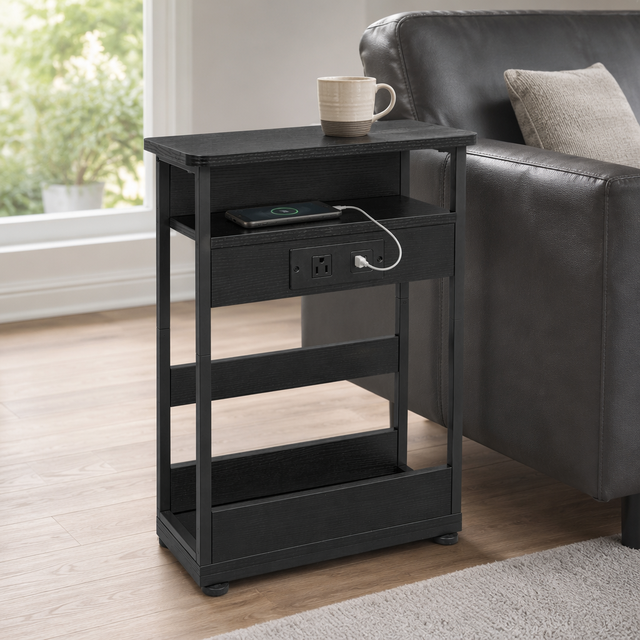 Modern Convertible Wooden Panel Night Stand with Hidden Storage and Wireless Charger for Living Room