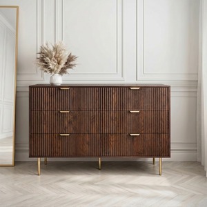 <span class=keywords><strong>Commode</strong></span> moderne en bois <span class=keywords><strong>de</strong></span> <span class=keywords><strong>noyer</strong></span> cannelé <span class=keywords><strong>de</strong></span> style mid-century avec 6 tiroirs, poignées dorées et pieds métalliques pour chambre à coucher et projets hôteliers - Product Image 1