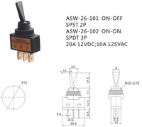 Interrupteur à bascule industriel durable, compact, 12V, SPST ON-OFF, actionneur court en plastique, noir, pour voiture, bateau