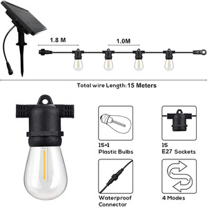 Guirnalda de Luces Solares con Bombillas S14 de 40ft 49ft 64ft, Luz Blanca Cálida Impermeable para Decoración de Jardín, Fiestas y Navidad - Product Image 3
