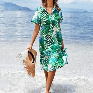 Vestido Camisero Casual Hawaiano con Estampado de Hojas y Manga Corta para Mujer - Product Image 3