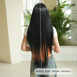 Perruques synthétiques longues et droites de 34 pouces, noires avec mèches <span class=keywords><strong>orange</strong></span>, avec frange, en <span class=keywords><strong>fibre</strong></span> résistante à la chaleur, aspect mat naturel, Peluca - Product Image 4