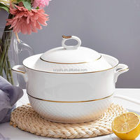 Offre Spéciale – Pot à Soupe en Céramique de Luxe Doré à Double Anse avec Couvercle – Petit Pot en Céramique pour Servir – Vente en Gros
