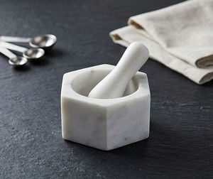 Sigma Exports Luxury White Marble Hexagon Mortar Pestle Set Heavy Duty Manual <b>Grinder</b> for Spices <b>Herbs</b> Garlic Ginger Kitchen Use - Product Image 1