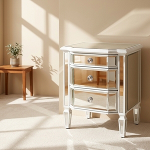 Modern White Solid Wood Leonore <strong>Mirrored</strong> <strong>Bedside</strong> <strong>Table</strong> with 3 Drawers Bedroom Nightstand - Product Image 4