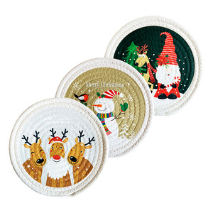 Salvamanteles Aislante con Estampado Navideño, Redondo, de Cuerda de Algodón Beige, con Diseño de Reno, Muñeco de Nieve y Duende, para Uso Doméstico - Product Image 3