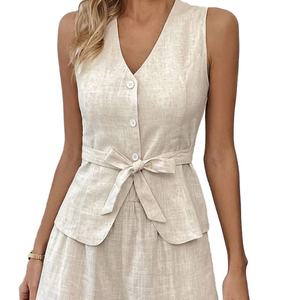 Costume deux pièces décontracté en coton de haute qualité, coupe ajustée, col en V, style simple et polyvalent, idéal pour l'été et l'automne, modèle OEM personnalisé, pour le marché transfrontalier. - Product Image 2