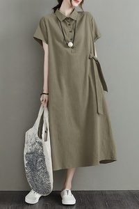 Nuevo estilo japonés Color sólido Algodón y lino Solapa Manga corta Bolsillo suelto Vestido casual de mujer - Product Image 5
