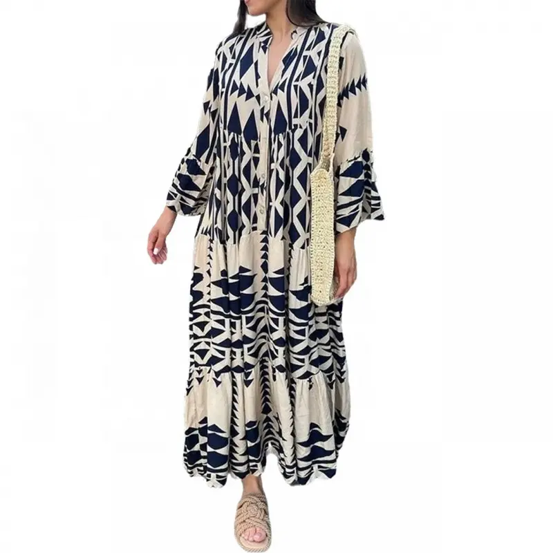 Maxi vestido longo geométrico plissado, verão, retrô, estampa geométrica, decote em v, com botão, para escritório, feminino, manga longa, de 3/4, estilo boho