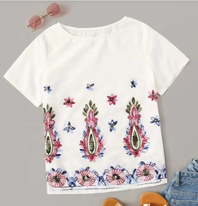 White Cotton Tops Fashion Design Wholesale Women Embroidered Summer Blouses & Tops Shirt / Blouse for Women Floral Pattern