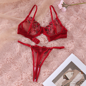 Set di lingerie sexy da donna, lingerie erotica in pizzo a vita bassa, set di reggiseno <span class=keywords><strong>push</strong></span>-<span class=keywords><strong>up</strong></span> e slip in pizzo trasparente da donna - Product Image 4