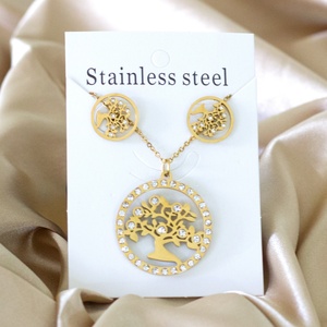 Collier et boucles d'oreilles personnalisés en acier inoxydable, forme ronde creuse, motif Arbre de Vie, ensembles de bijoux très demandés - Product Image 3