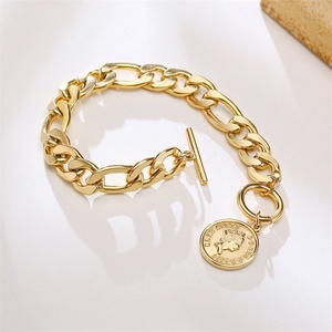 18k Gold Pated Stainless Steel Round Charm Custom Engraved logo OT Clasp Figaro Chain Bracelet <b>for</b> <b>Men</b> - Product Image 3
