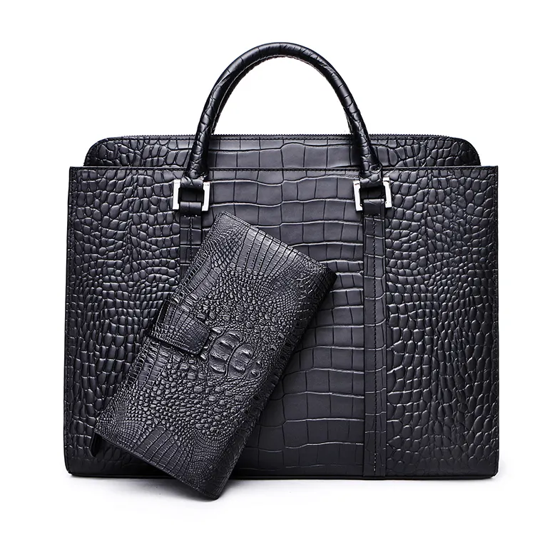 2023 High End Men Business Luxury Briefcase Crocodile Embossed Genuine Leather Hand Bag Sets For Men 2pcs in 1