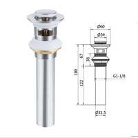 Desagüe de Lavabo Tamaño Norteamérica, Totalmente en Latón Cromado, Tapón Pequeño, Sistema Click Clack con Rebosadero