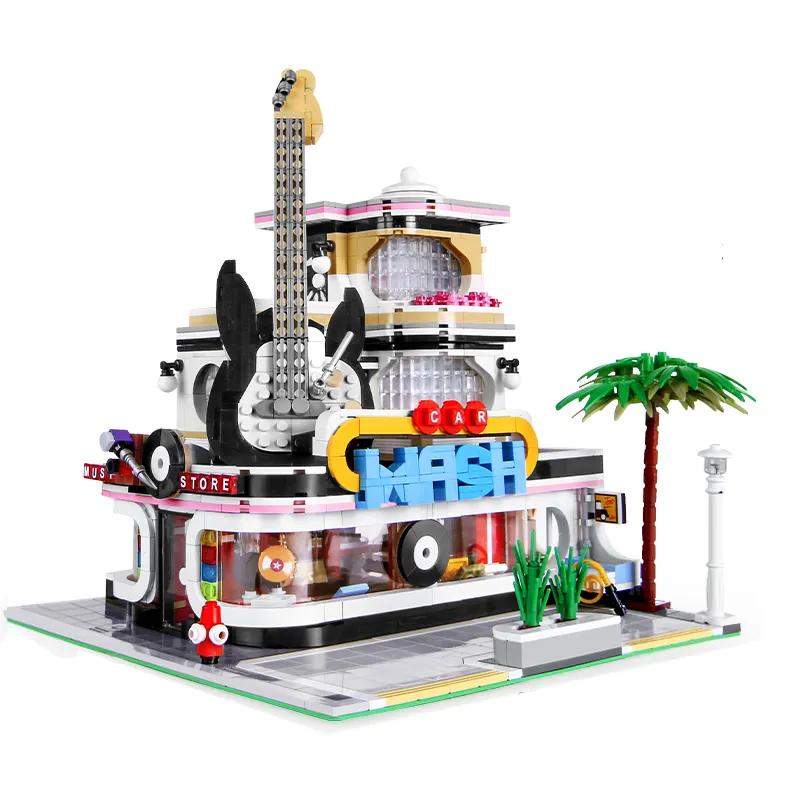 Mould King 16002 Streetview MOC DIY Toy Model Guitar Shop With LED Lights Building Blocks Bricks Toy Sets For Kids