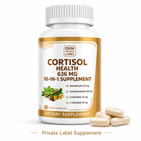 OEM 10 en 1 Capsules végétaliennes pour la santé du cortisol, Ashwagandha, Magnésium, Camomille, L-Théanine, Complément pour l'équilibre du stress chez les adultes