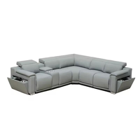Canapé d'angle moderne en bois en forme de L 5 places avec fonction inclinable, rangement dissimulé, charge sans fil et porte-gobelets