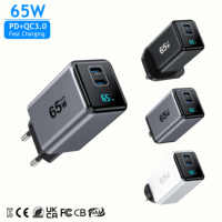 Chargeur rapide double USB-C GaN 65W, multi-prises, certifié PD QC3.0 CE FCC SAA UKCA, adaptateur avec écran LED pour téléphones et ordinateurs portables