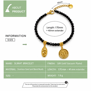 Bracelet à breloques en perles noires pour femme Blueprint, perles en acier inoxydable plaqué or 18 carats, couleur or épaisseur 0,3 mm - Product Image 3