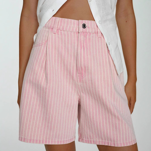 2025 Summer Casual Striped Print Colorful Wide Leg <strong>Denim</strong> <strong>Knee</strong> <strong>Length</strong> Mid Waist Bermuda <strong>Shorts</strong> for <strong>Women</strong> - Product Image 1