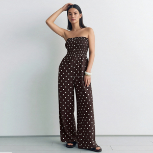 Combinaison en lin à pois personnalisée pour femmes, combinaison <span class=keywords><strong>pantalon</strong></span> à corsage plissé pour femmes - Product Image 2