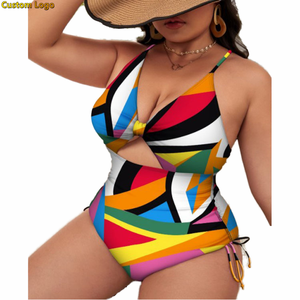 Costume da Bagno Intero Personalizzato per Donna Taglie Forti, Design Color Block con Controllo Pancia, Sexy con Ritagli e Stampa, Vita Alta - Product Image 1