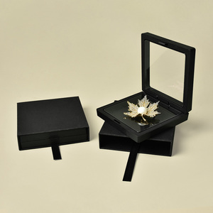 Custom Logo Black Floating Frame Holder Paper Cardboard Drawer Box Transparent PE Film Jewelry Storage Display Box Packaging