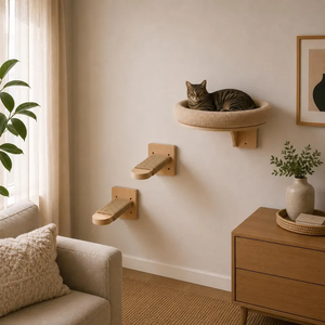 Ensemble de meubles pour animaux de compagnie à fixer au mur, lit en bois, étagère ronde avec coussin en peluche doux - Product Image 4