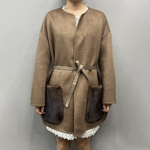 Jancoco O <span class=keywords><strong>collo</strong></span> con cintura di seta di lana <span class=keywords><strong>cappotto</strong></span> invernale in vera lana con tasche in <span class=keywords><strong>pelliccia</strong></span> di visone - Product Image 1