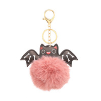 Vente en gros de porte-clés de Noël en peluche pour Halloween, boule bouffante en fourrure PU avec pompon et chauve-souris en alliage de zinc, porte-clés, pendentif à breloque pour
